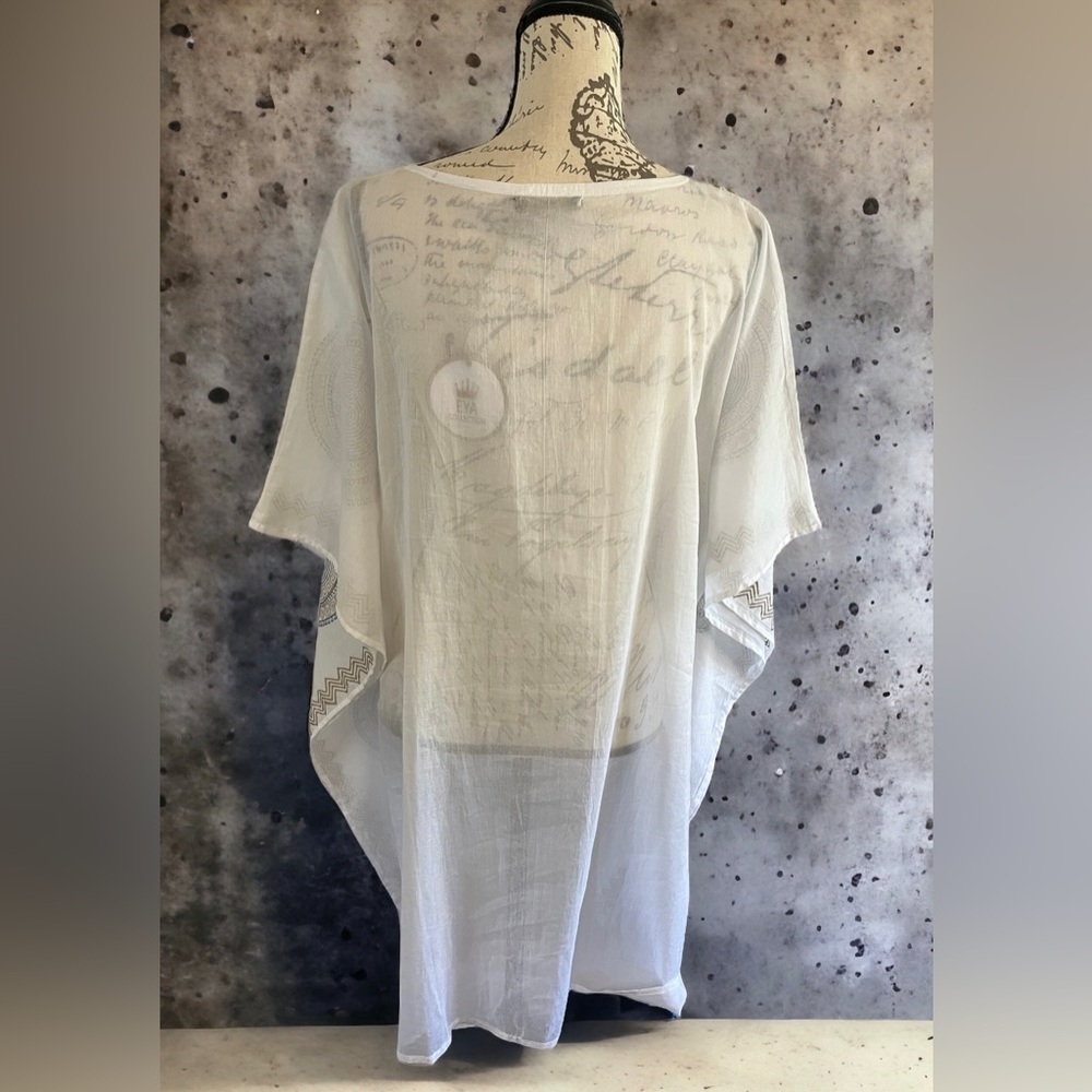 NWT Eya Collection White Tunic Gauzy Coverup, Gold & Blue Mediterranean Print - Picture 5 of 13